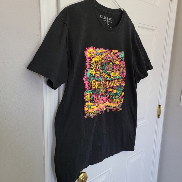 Killer Acid Black Graphic Print T Shirt Neon Please Prevent Bad Vibes Size L - Picture 3 of 7